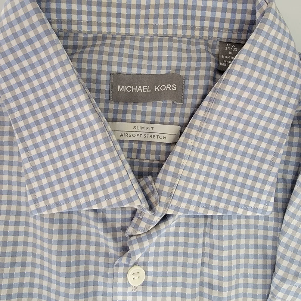 Michael Kors Slim Fit Non Iron Dress Shirt Blue Check XL 17.5 34/35 Stretch